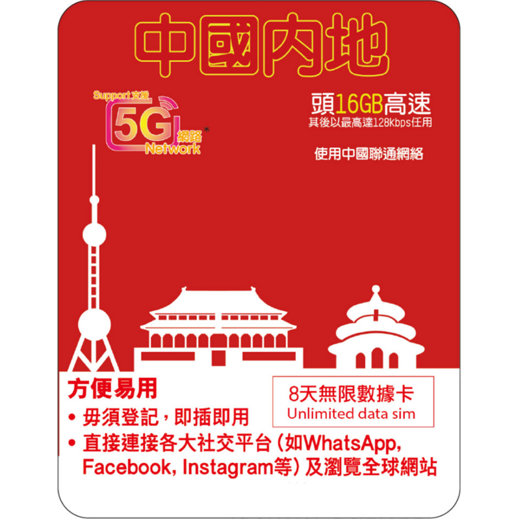 8-Days | China (Unicom) Roaming Data 16GB-∞