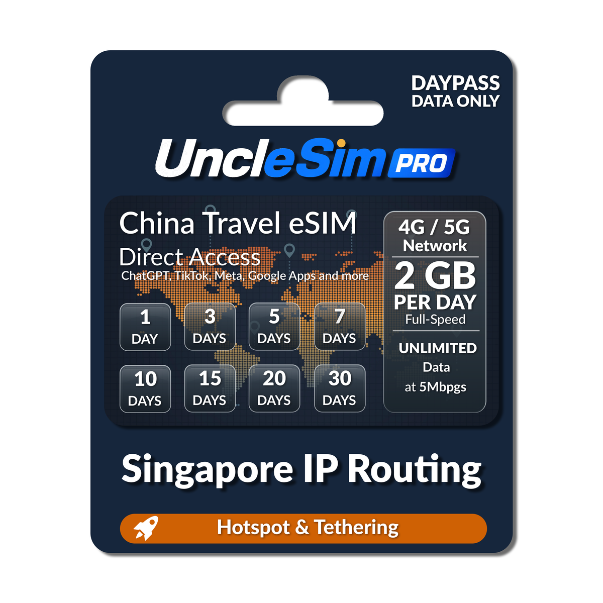 UncleSim Pro Singapore IP Routing travel eSIM package, featuring a dark blue card with white and orange text, a world map graphic, and options for 1 to 30 days, with a 2 GB network limit.
