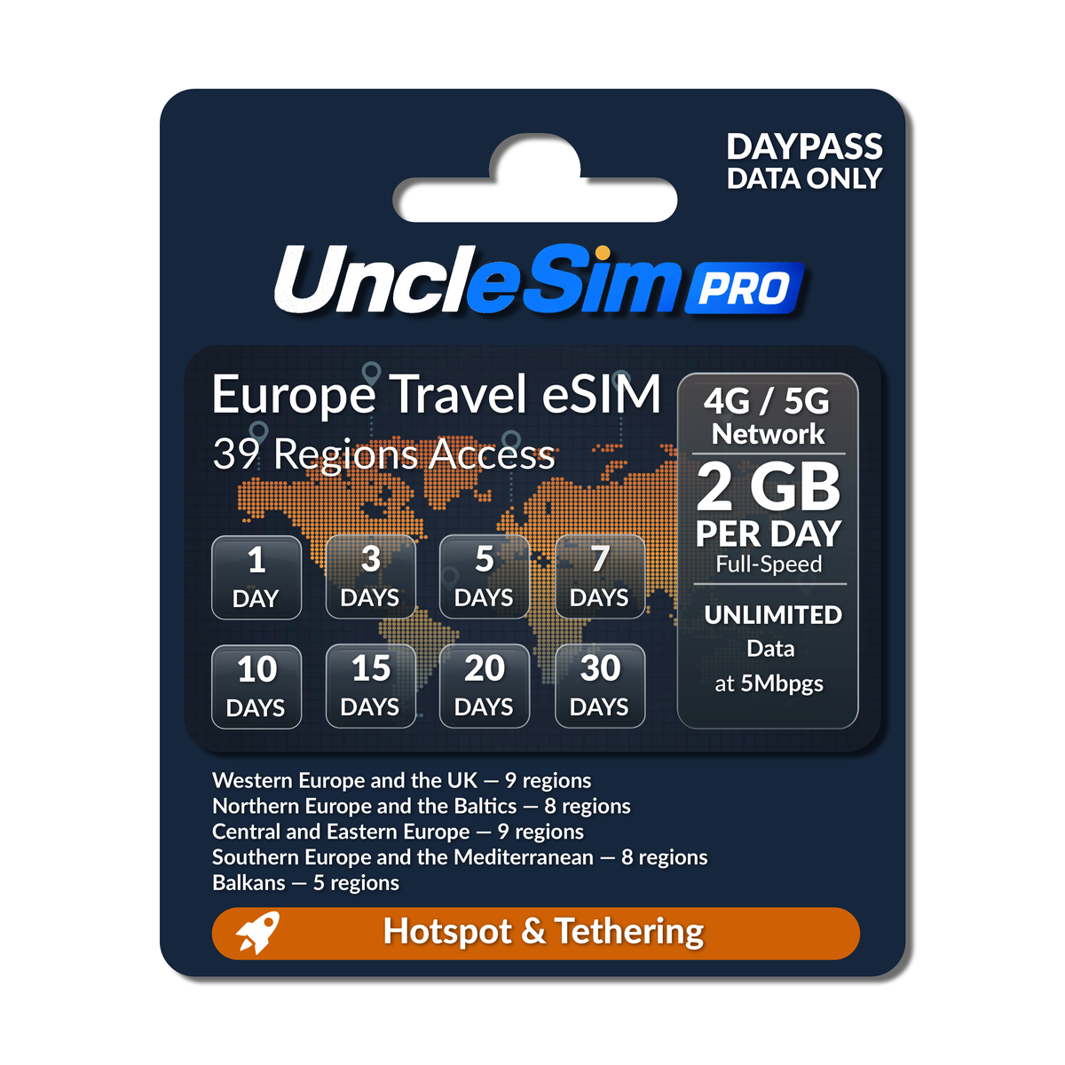 UncleSim PRO Europe 39 Regions Travel eSIM Daypass data-only plan in retail packaging, featuring 2 GB per day, 4G/5G network, unlimited data at 5Mbps, and hotspot & tethering support.