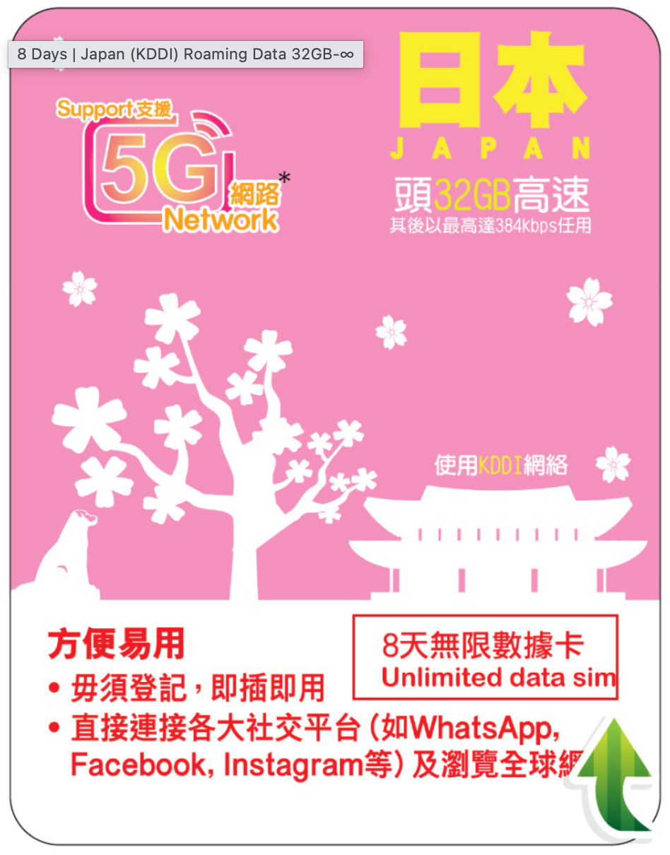 8天 | 日本 (KDDI) 漫遊數據 32GB-∞