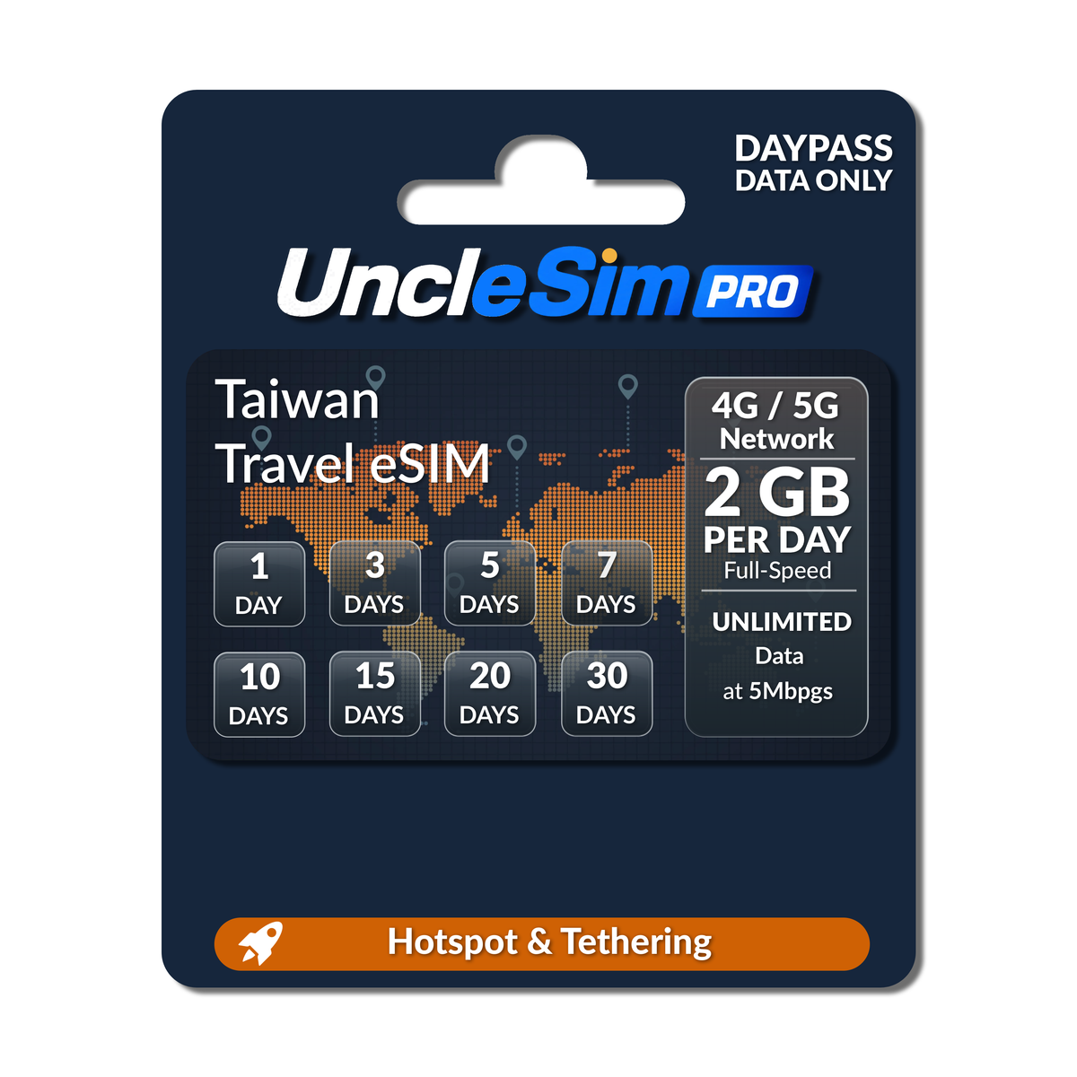 UncleSim Pro Taiwan Travel eSIM 2GB data package on a dark blue retail card with orange and white text, showing daily data allowances from 1 to 30 days and features like 4G/5G network and unlimited data.