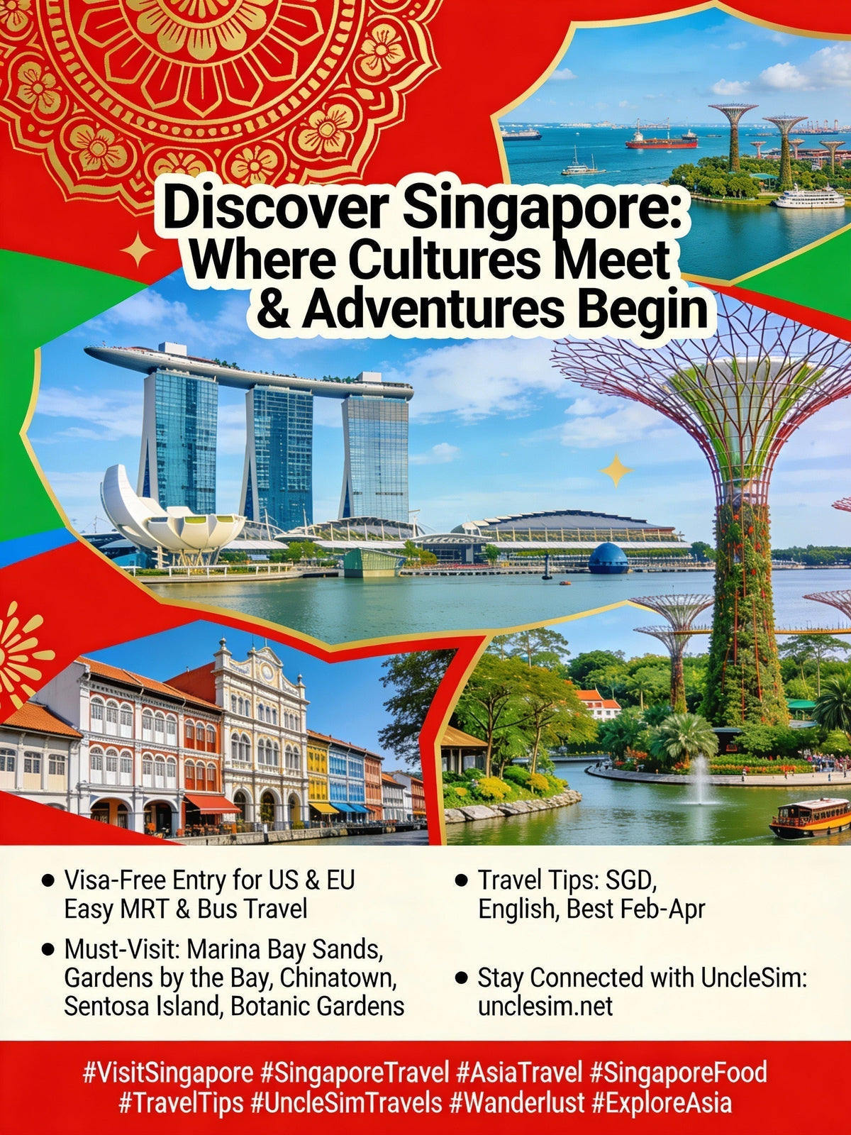 Singapore guide cover: the Merlion and Gardens by the Bay in a red collage