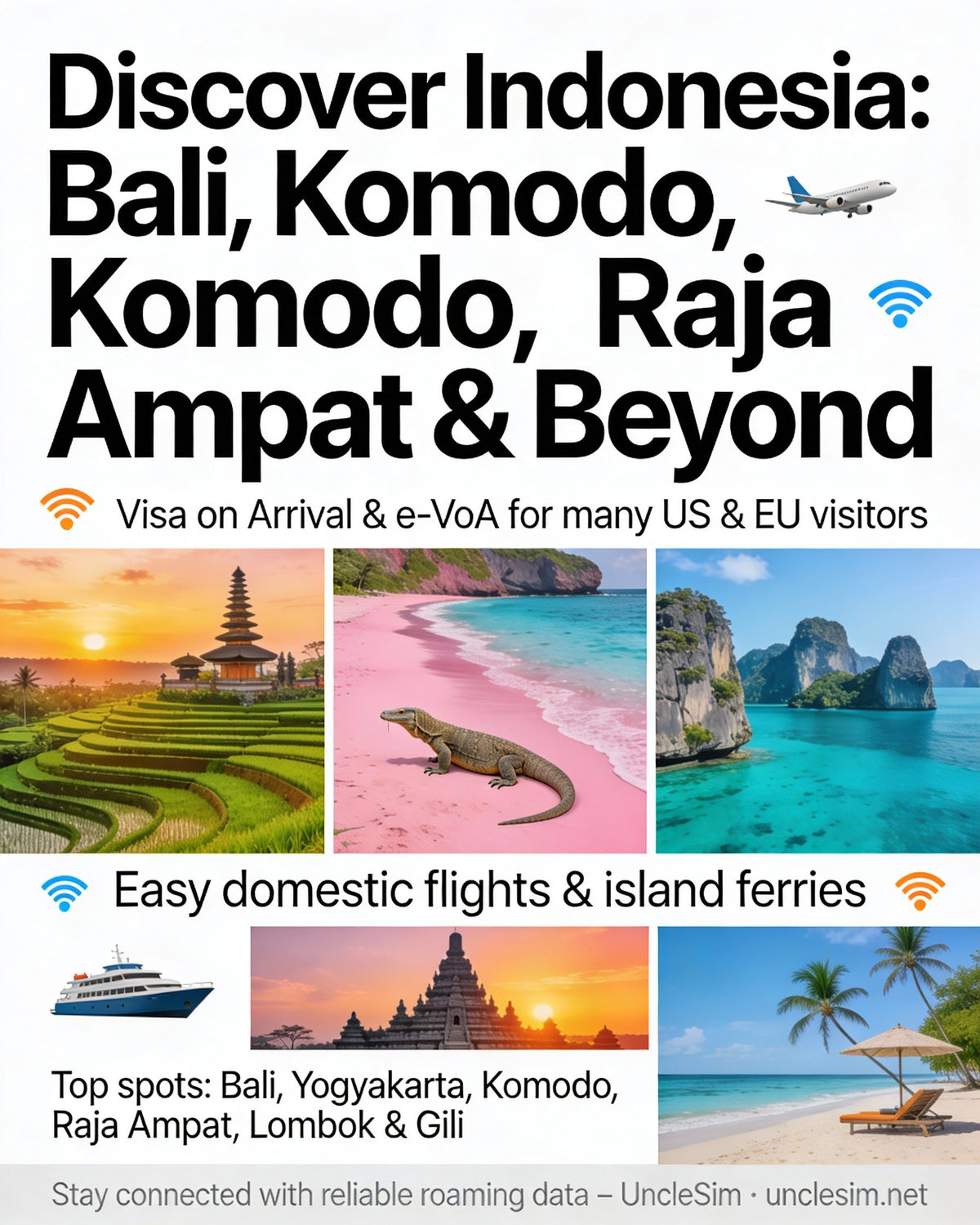 Indonesia guide cover: a Balinese temple, a Komodo dragon and Raja Ampat islands