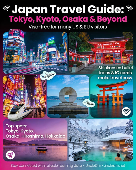 Japan guide cover: neon Tokyo at night, cherry blossoms and a Kyoto pagoda