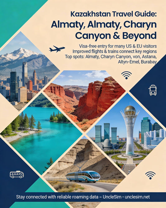Kazakhstan guide cover: Charyn Canyon, Almaty city and open steppe scenery