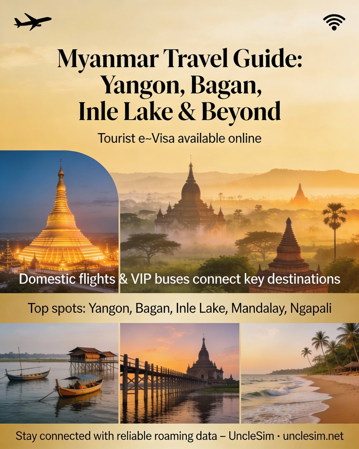 Myanmar guide cover: the golden Shwedagon pagoda and temple spires at sunset