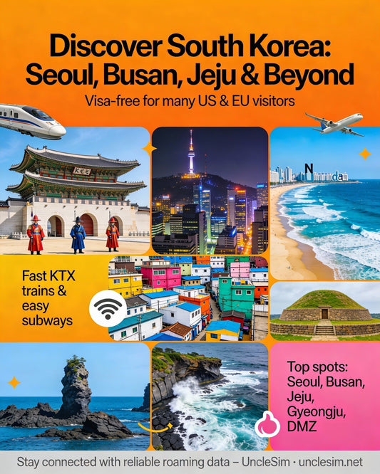 South Korea guide cover: a palace courtyard, the Seoul skyline and a beach