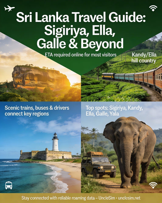 Sri Lanka guide cover: Sigiriya rock, a lighthouse and an elephant at a lake