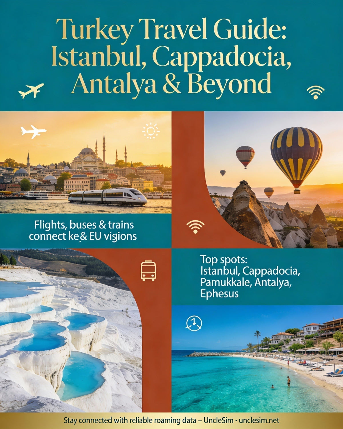 Turkey guide cover: Istanbul's Blue Mosque, Cappadocia balloons and Antalya coast