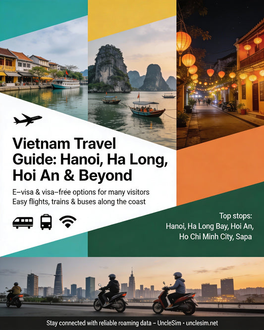Vietnam guide cover: Ha Long Bay islands, lanterns and motorbikes in Hanoi