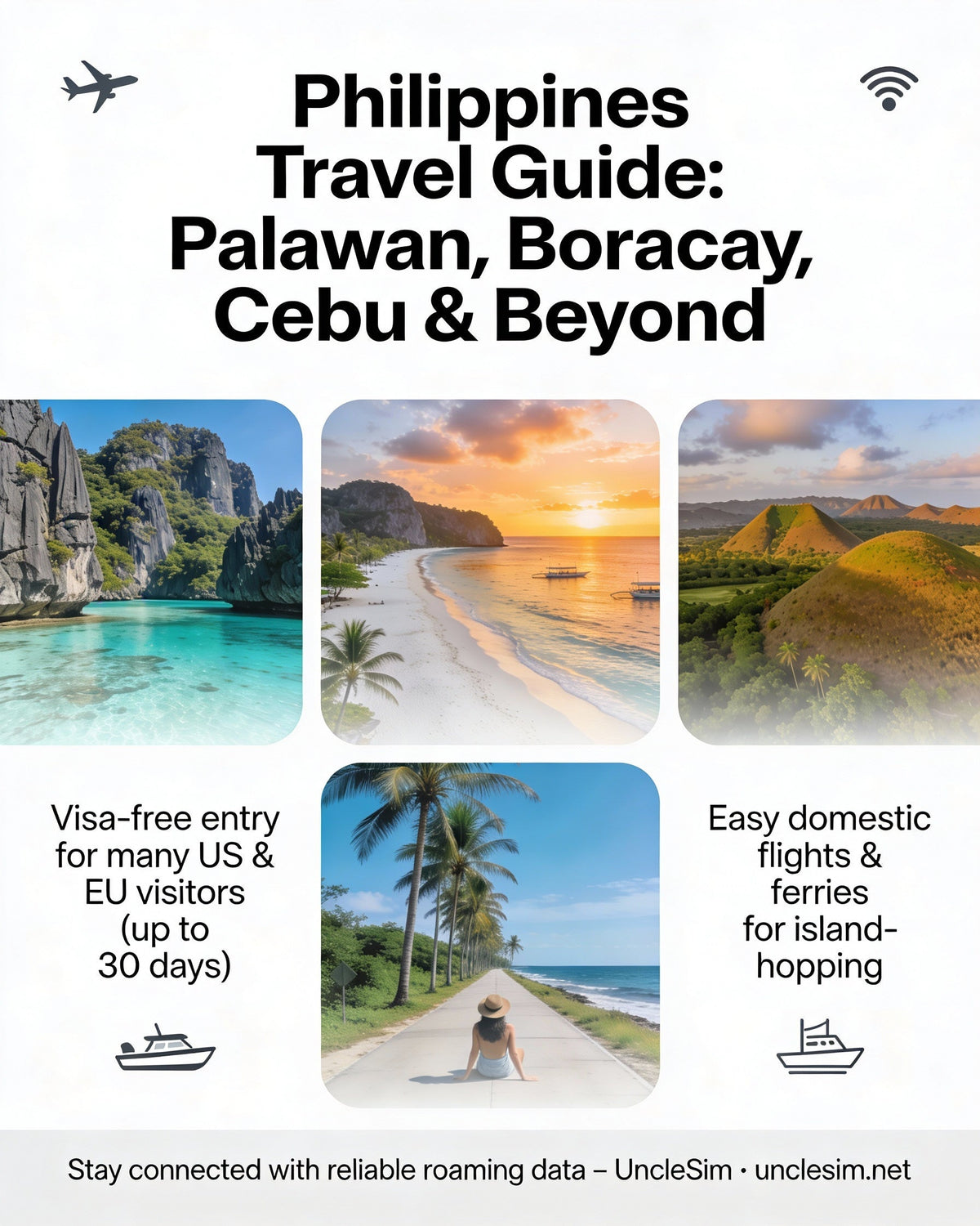 Philippines guide cover: a limestone lagoon and an island beach with palm trees