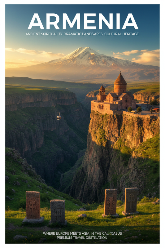 Armenia guide cover: a monastery on a cliff with Mount Ararat behind