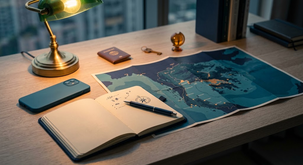 A phone on a desk beside a notebook and a printed map