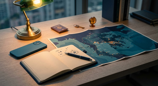 A phone on a desk beside a notebook and a printed map