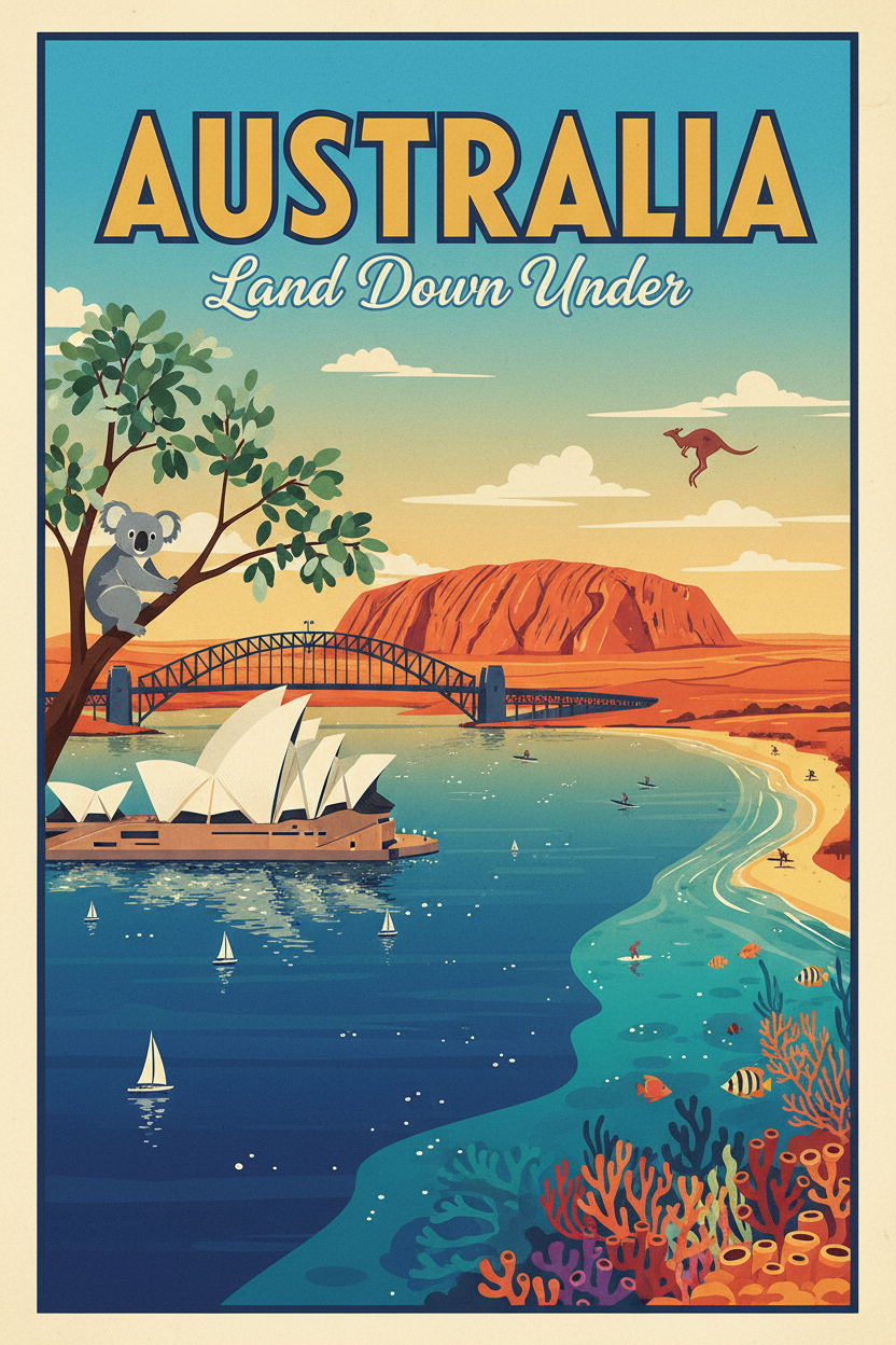 Australia guide cover: Uluru, a sailing boat and the Great Barrier Reef
