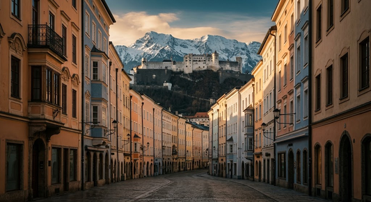 Austria guide cover: a pastel old-town street in Salzburg below the hilltop fortress with the Alps behind
