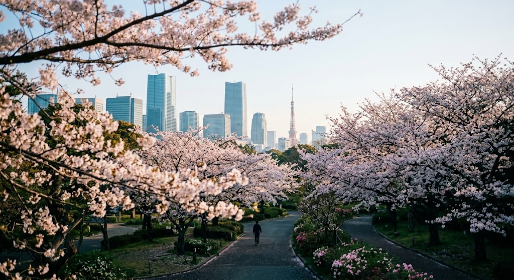 Cherry blossoms in a city park with a skyline behind