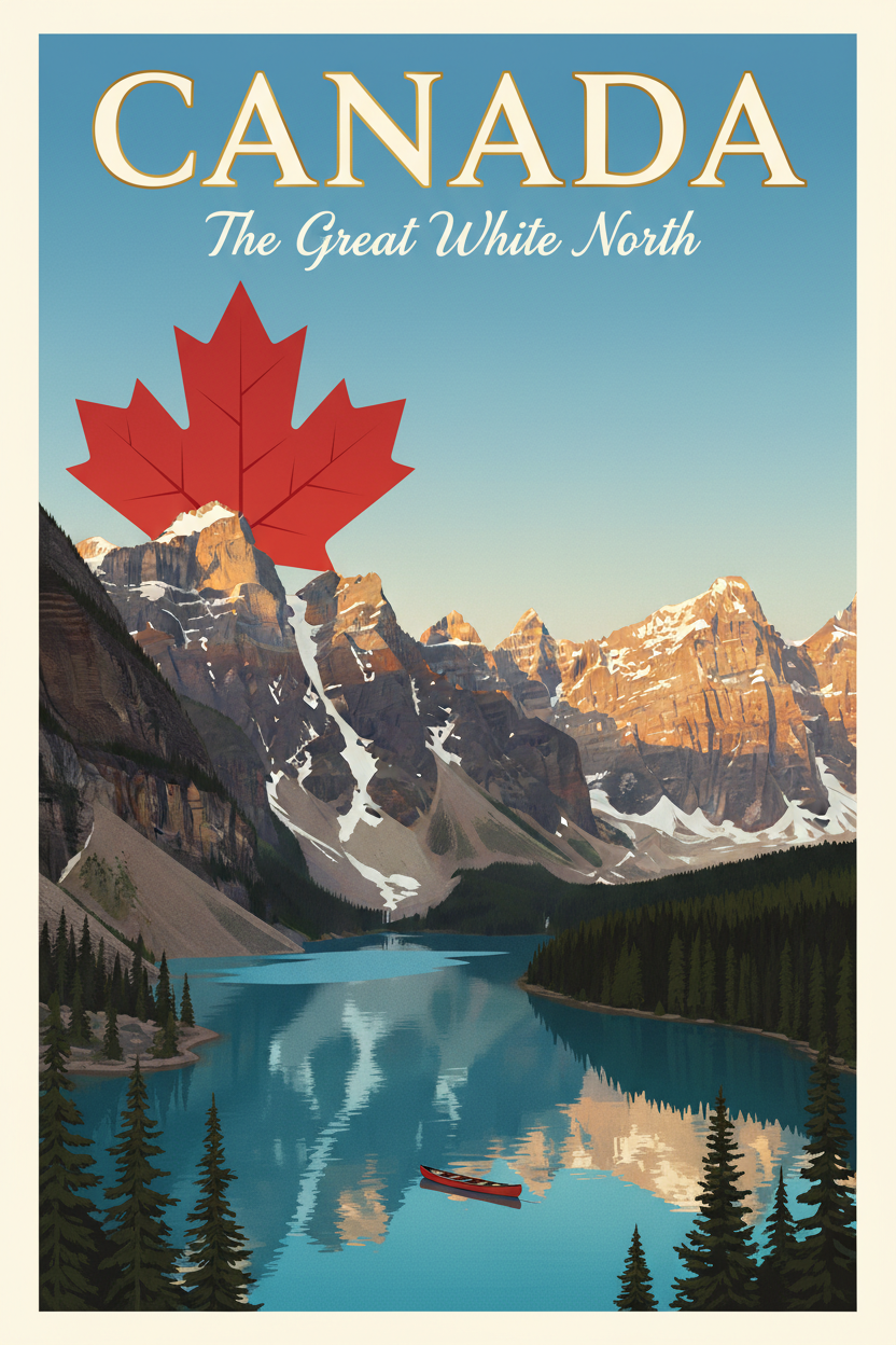 Canada guide cover: a maple leaf over Lake Louise and the Rockies
