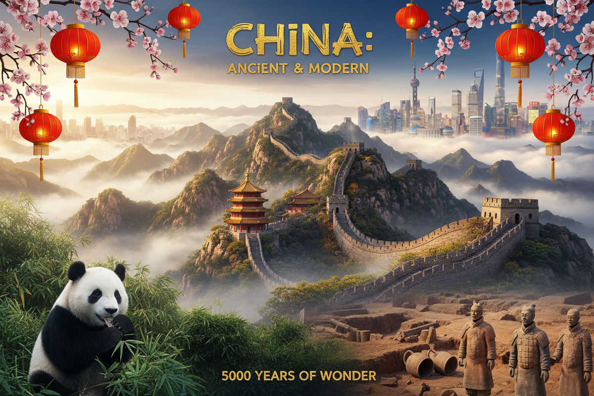 China guide cover: the Great Wall in mist with a temple and a panda