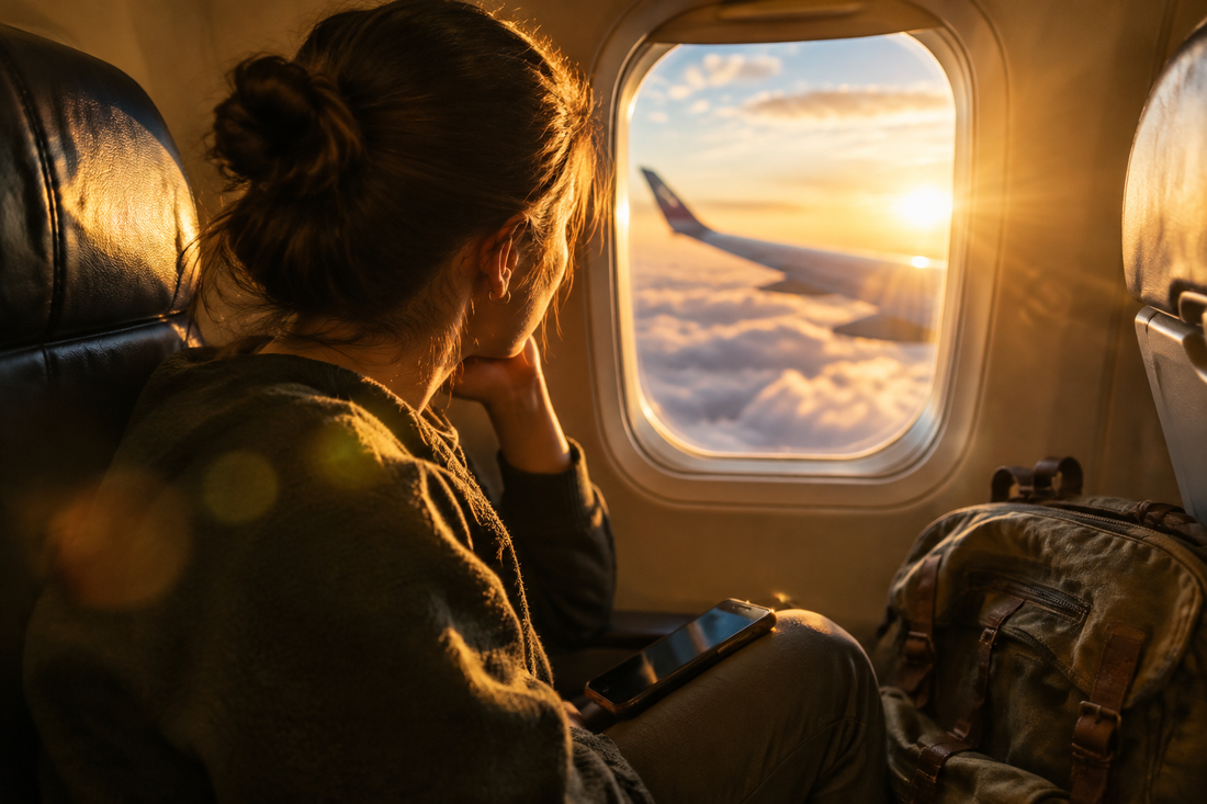 Cover image: a passenger beside an aircraft window looking out at golden-hour clouds.