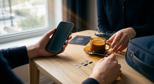 Hands holding a phone over a cafe table with two SIM cards on a tray