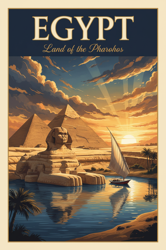 Egypt guide cover: the Sphinx, the Pyramids of Giza and a felucca at sunset
