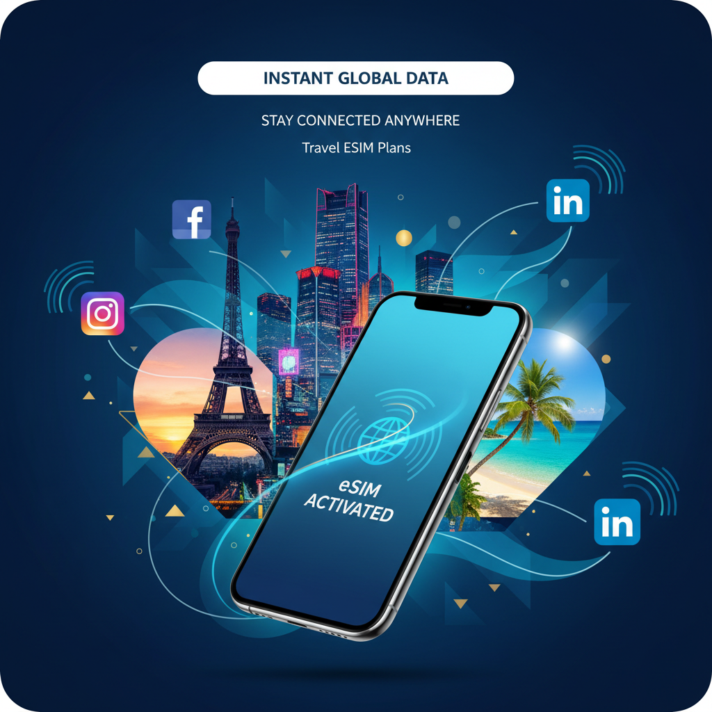 A phone showing an activated eSIM among social app icons on navy blue