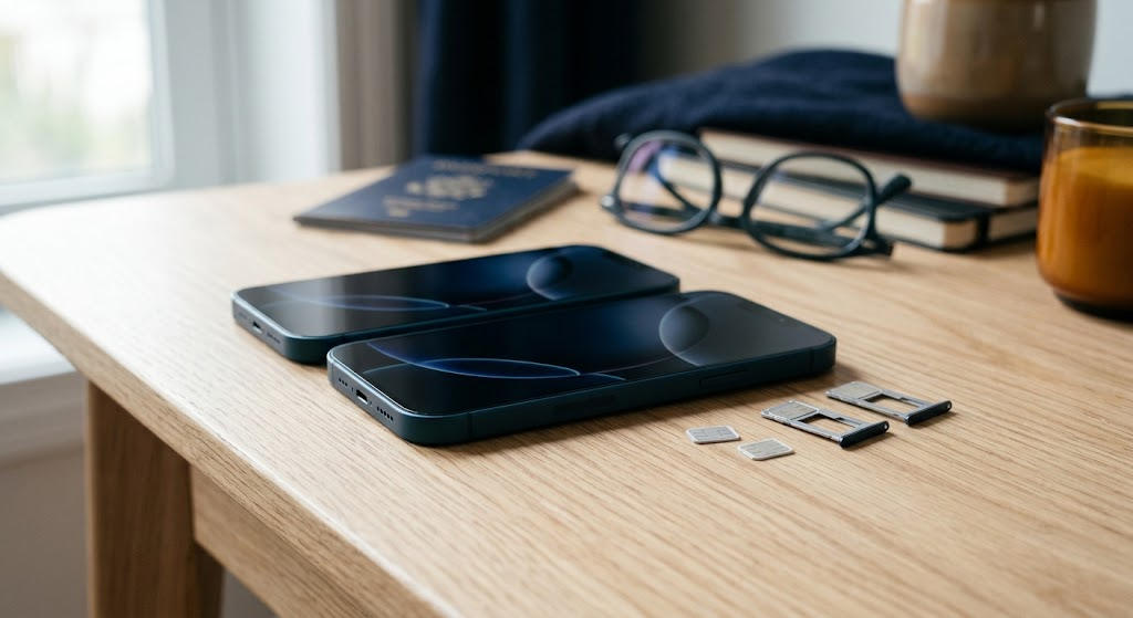 Two smartphones side by side with two SIM cards on a pale surface