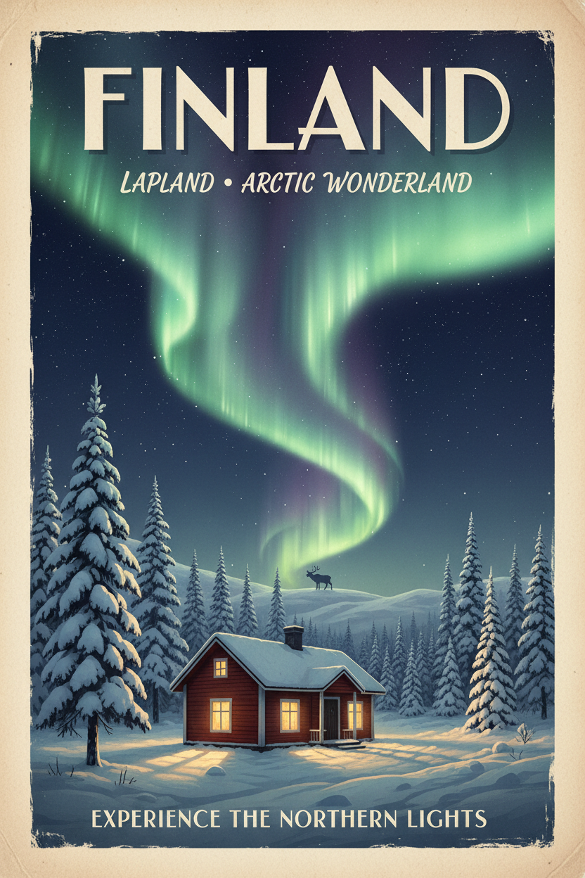 Finland guide cover: a cabin and pines under northern lights and snow