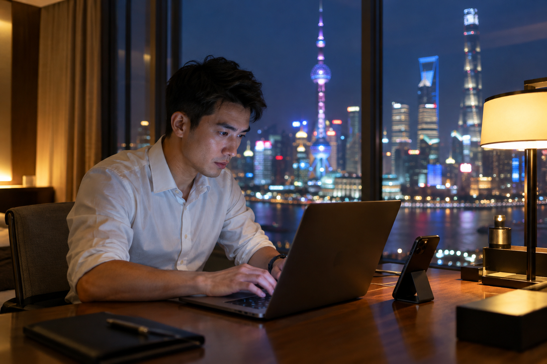 Cover image: a business traveller works on a laptop at a hotel desk at night, a lit city skyline through the window.