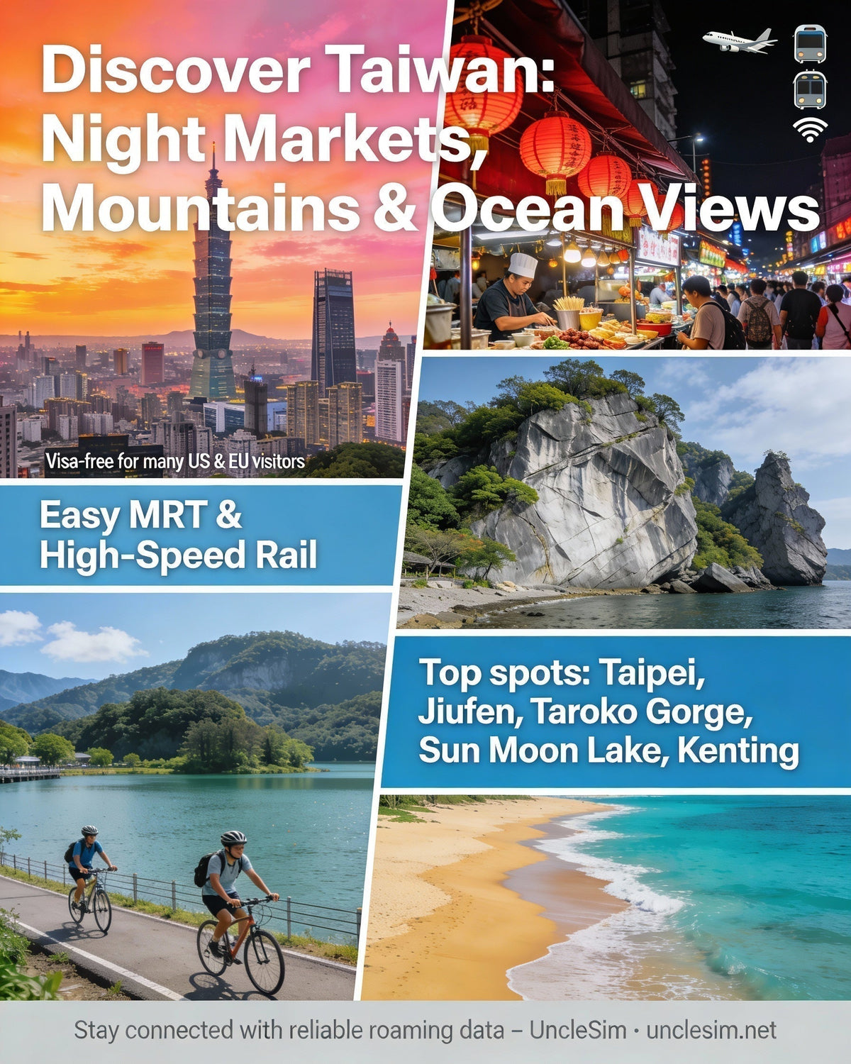 Taiwan guide cover: a night market, a mountain coast and a cyclist on a road