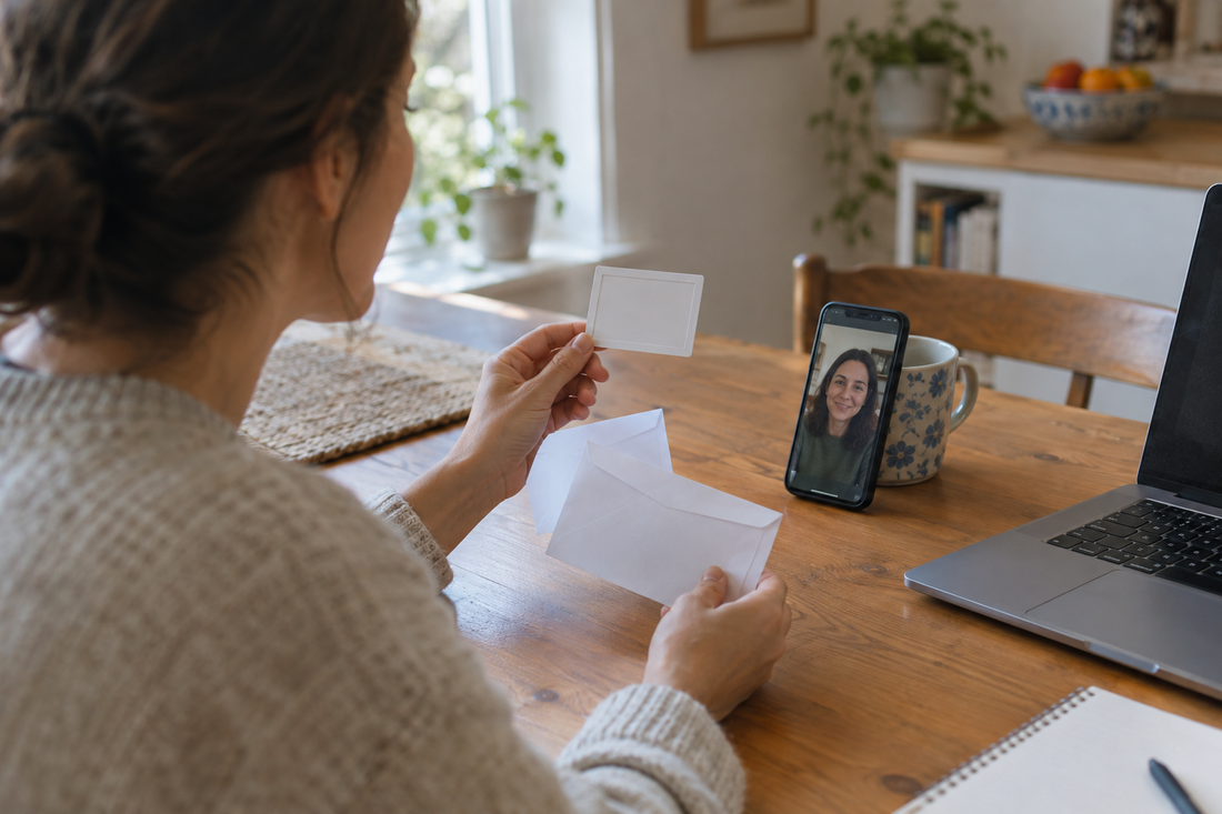 Cover image: a woman on a video call at her kitchen table, holding documents and an envelope, a laptop beside her.