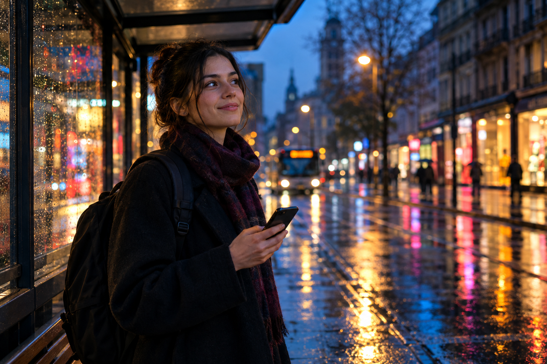 Cover image: a young woman with a backpack looks at her phone on a rain-soaked city street at night, tram tracks and lit shopfronts behind her.