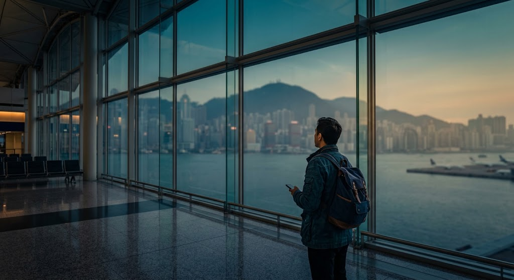 A traveller with a backpack at the glass wall of an airport transit concourse