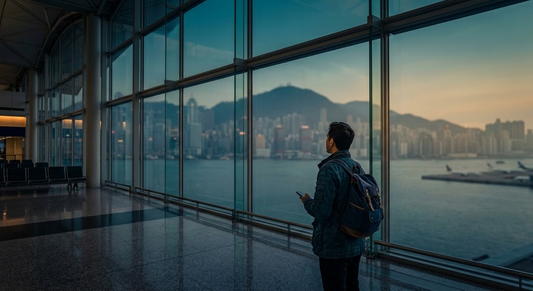 A traveller with a backpack at the glass wall of an airport transit concourse