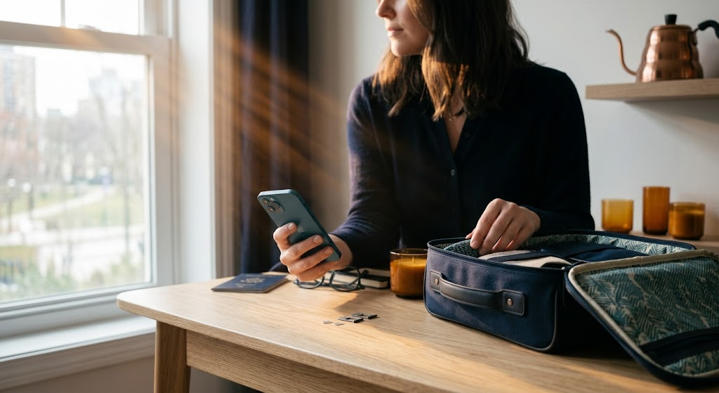 A traveller setting up a phone at a kitchen table beside an open cabin bag