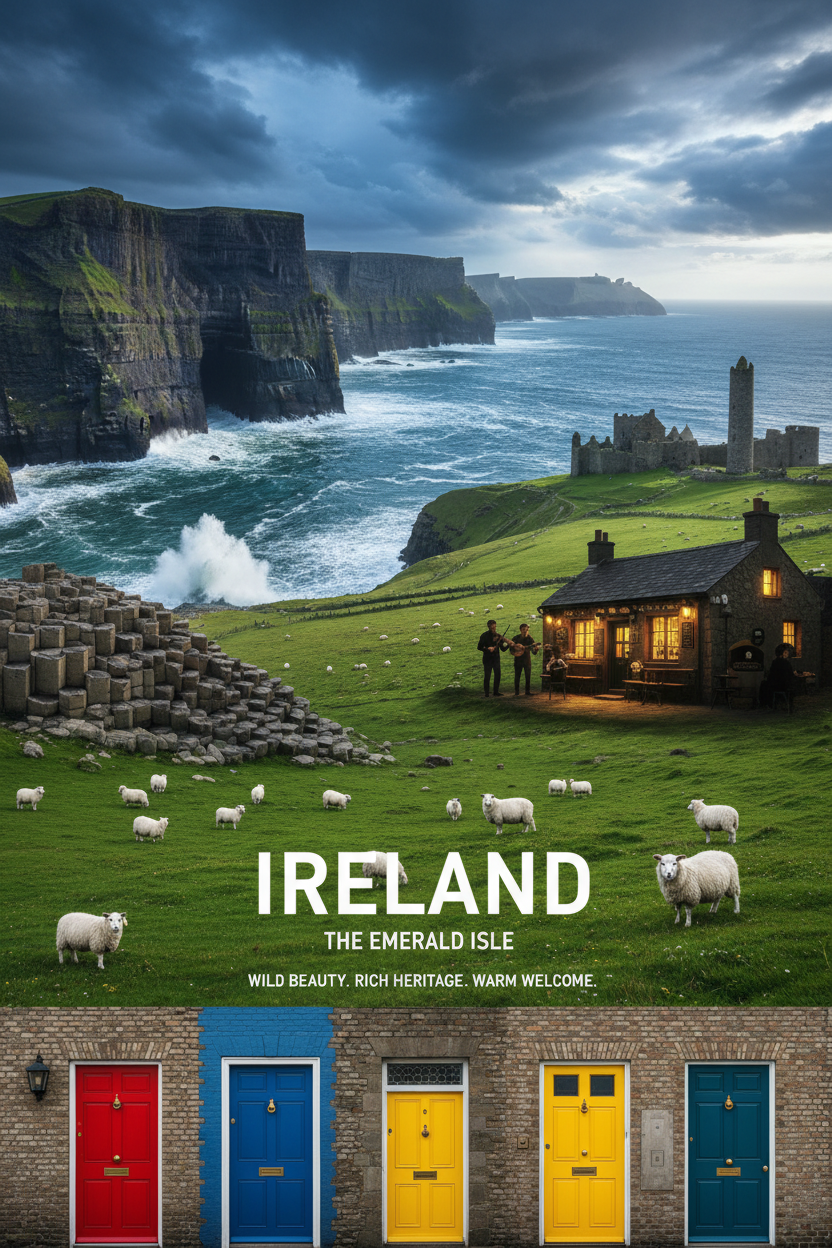 Ireland guide cover: a cottage above the Cliffs of Moher and coloured doors