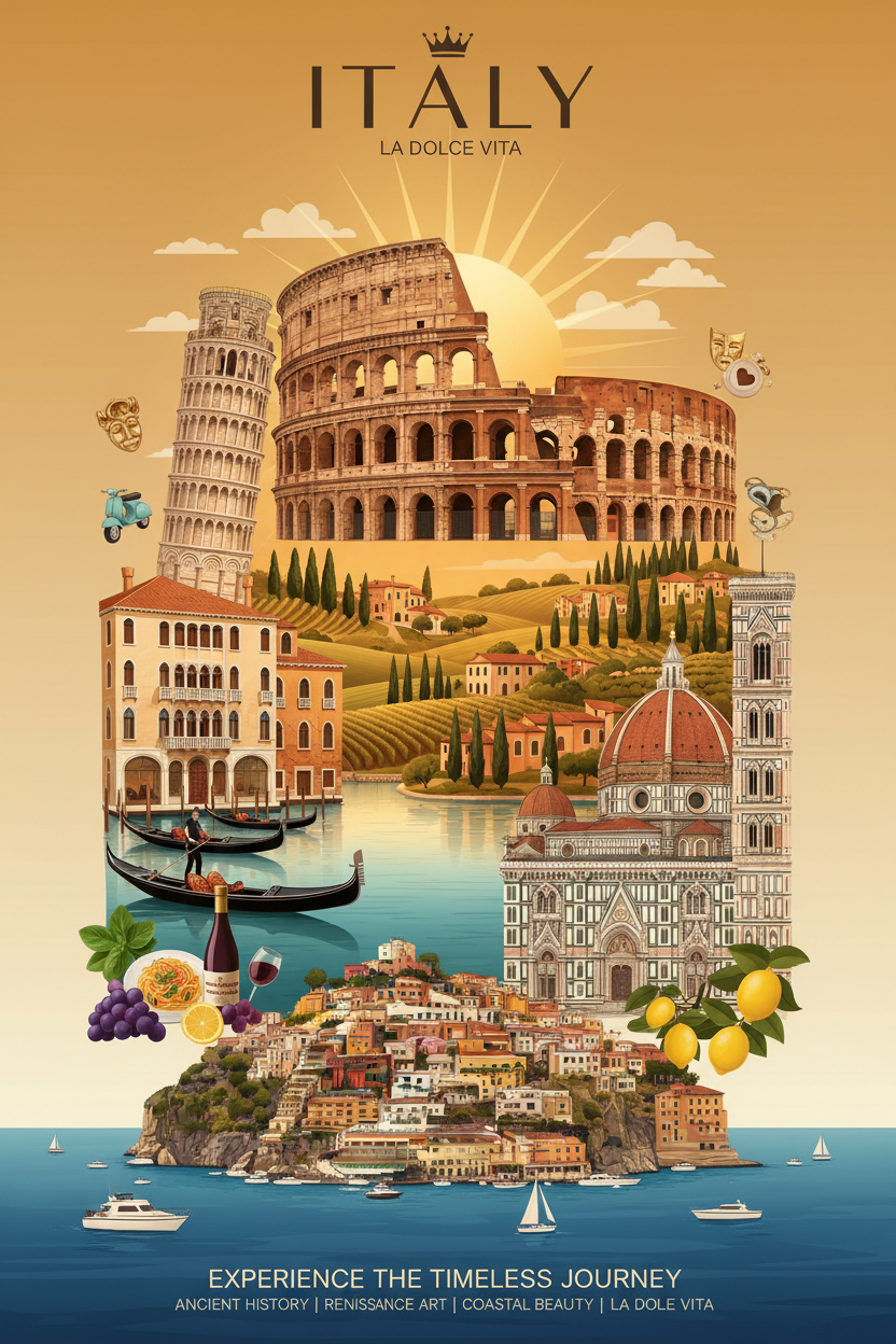 Italy guide cover: the Roman Colosseum, Venice canals and a Tuscan village