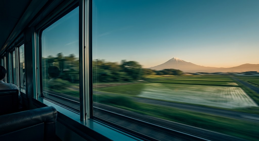 The view of green countryside from a moving train window in Japan