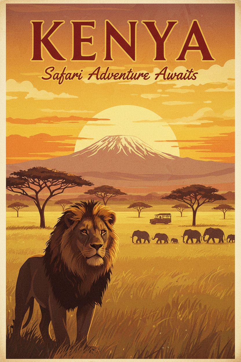 Kenya guide cover: a lion and elephants below Mount Kilimanjaro at sunset