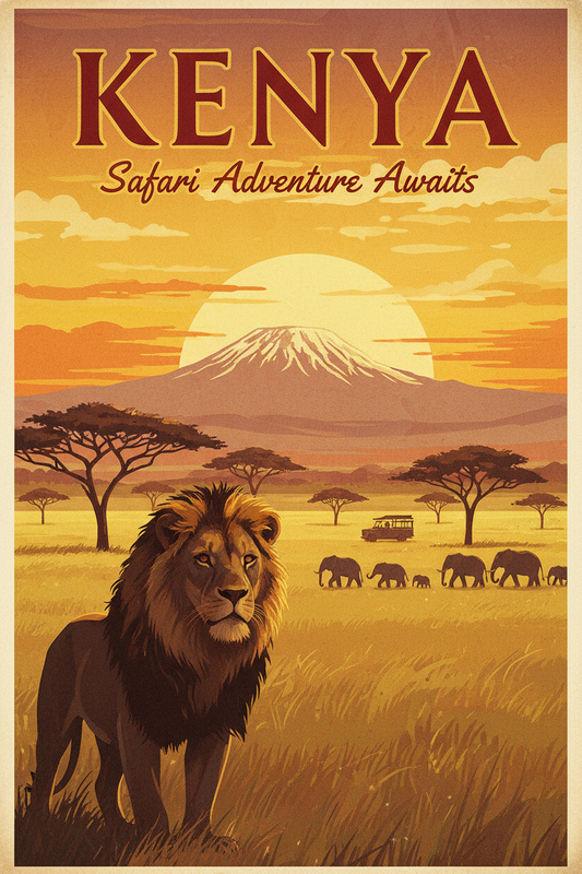 Kenya guide cover: a lion and elephants below Mount Kilimanjaro at sunset