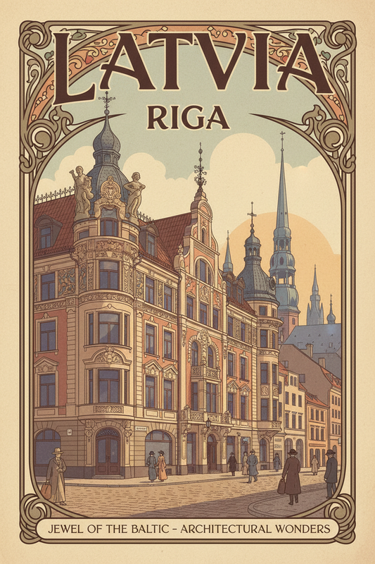 Latvia guide cover: an Art Nouveau Riga street at dusk