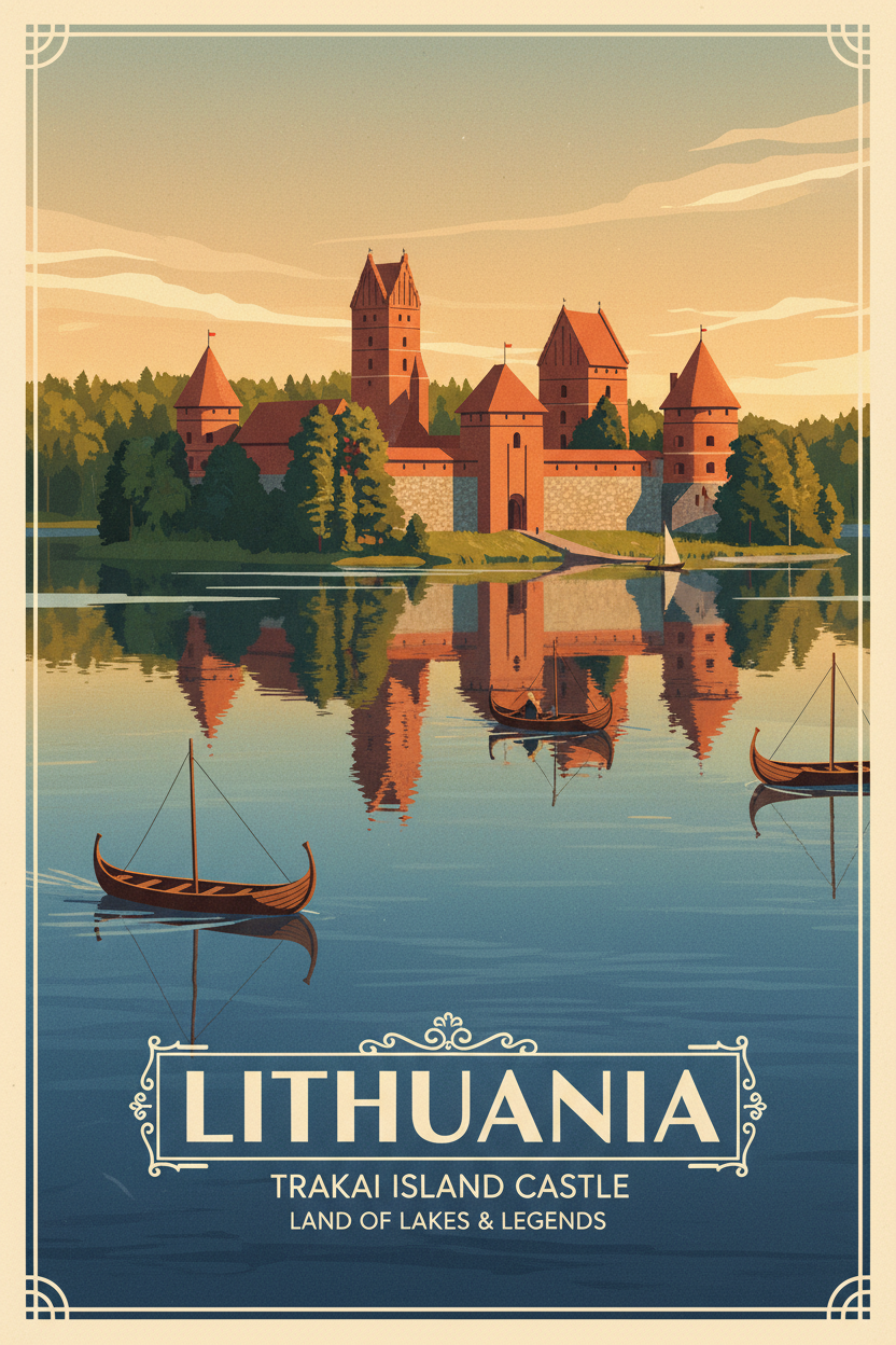 Lithuania guide cover: Trakai castle on a lake with a wooden boat