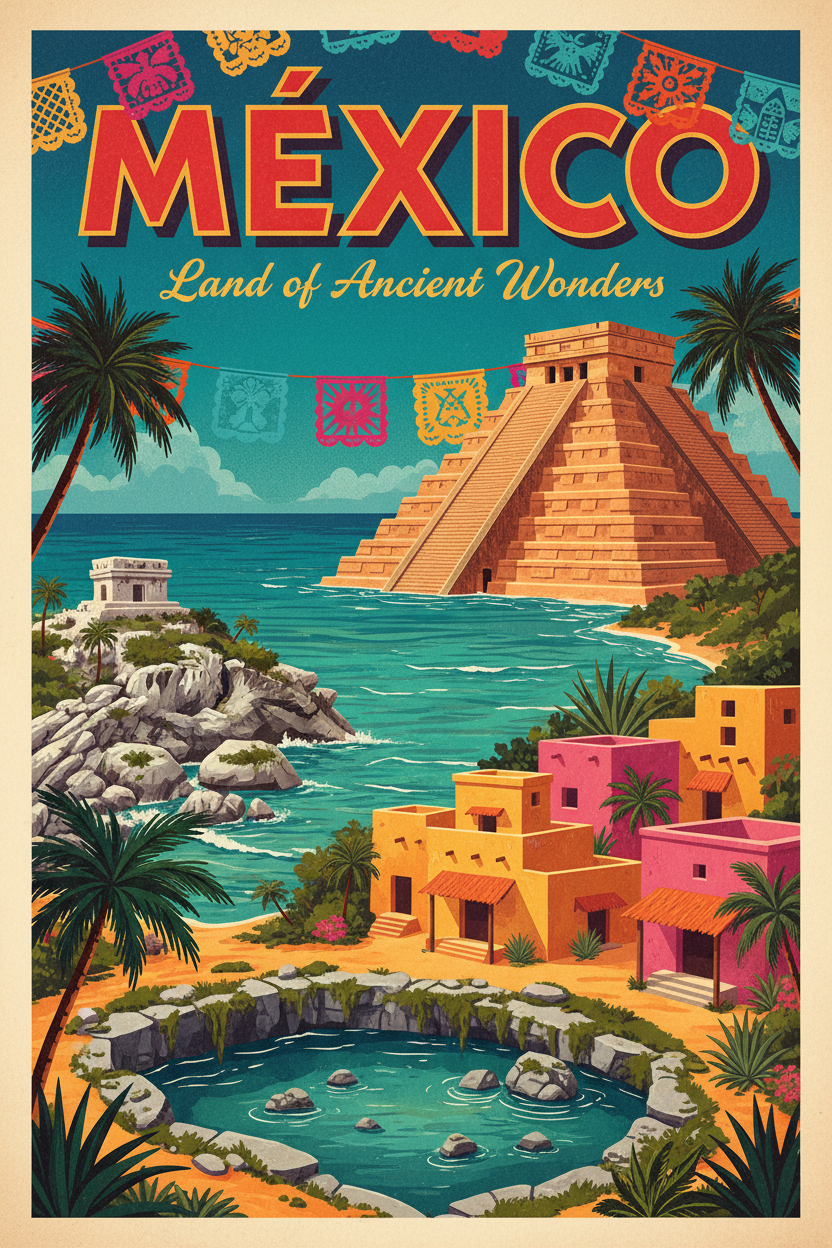 Mexico guide cover: a Mayan pyramid, a cenote and Caribbean coastal houses