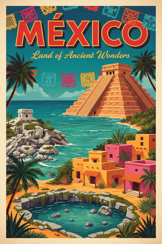 Mexico guide cover: a Mayan pyramid, a cenote and Caribbean coastal houses