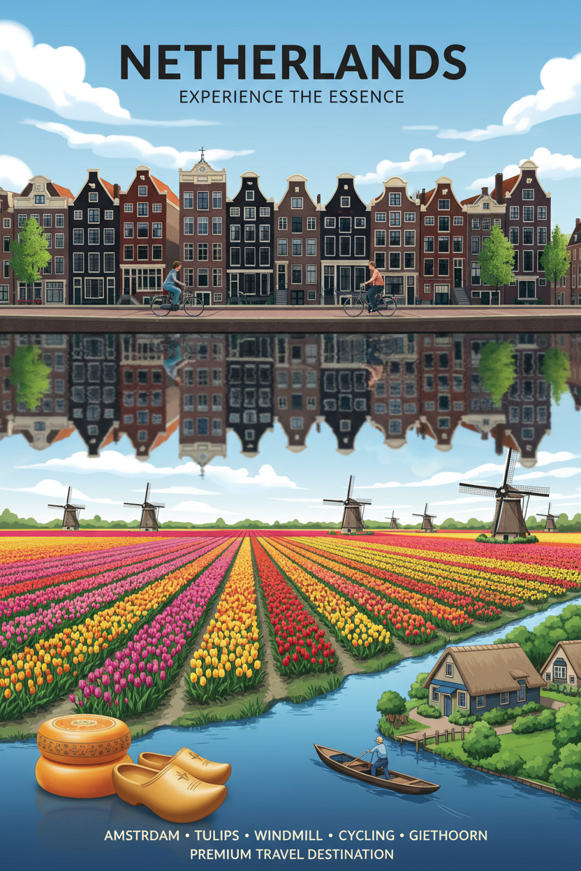 Netherlands guide cover: Amsterdam canal houses, tulip fields and a windmill