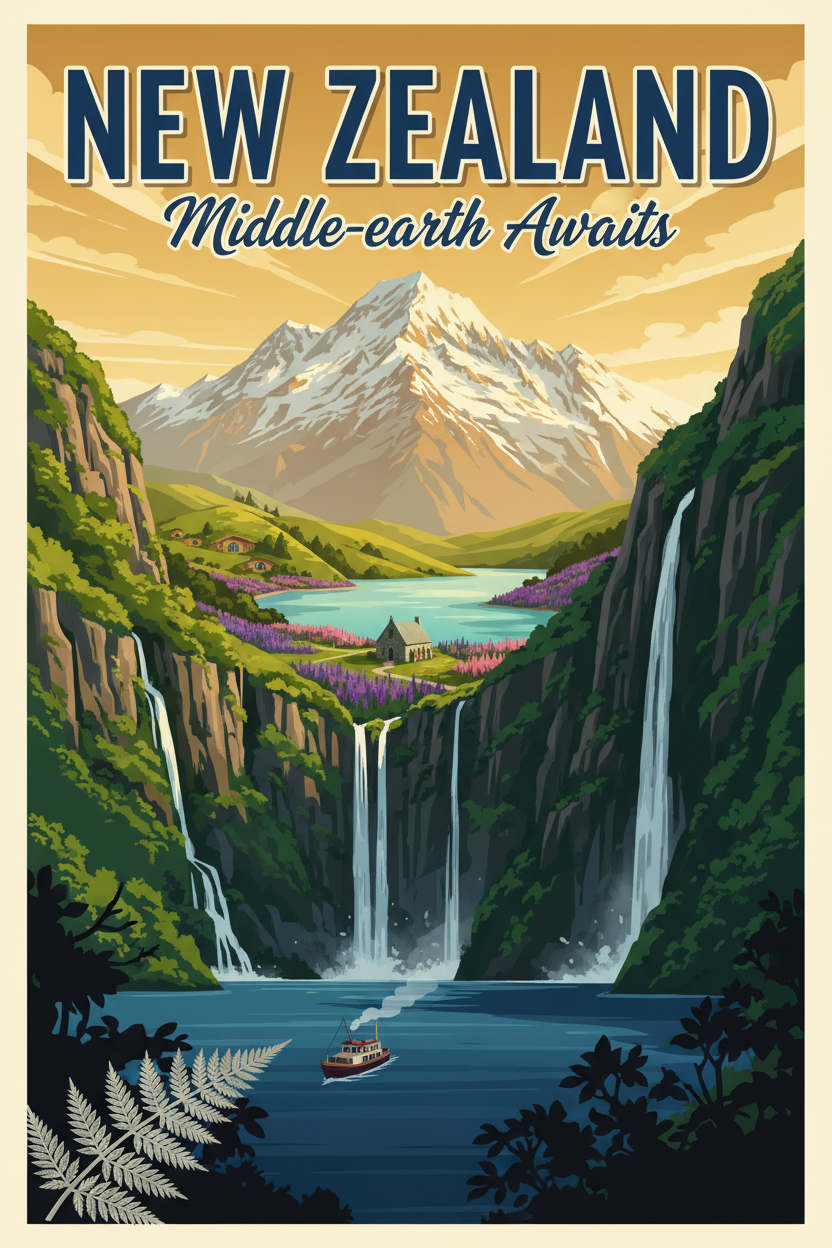 New Zealand guide cover: a waterfall and mountains beside a lake and valley