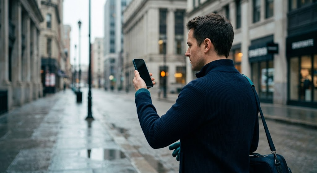 A traveller on a city street looking at their phone for a signal
