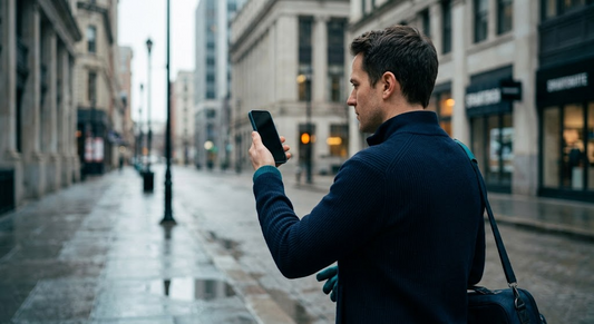 A traveller on a city street looking at their phone for a signal