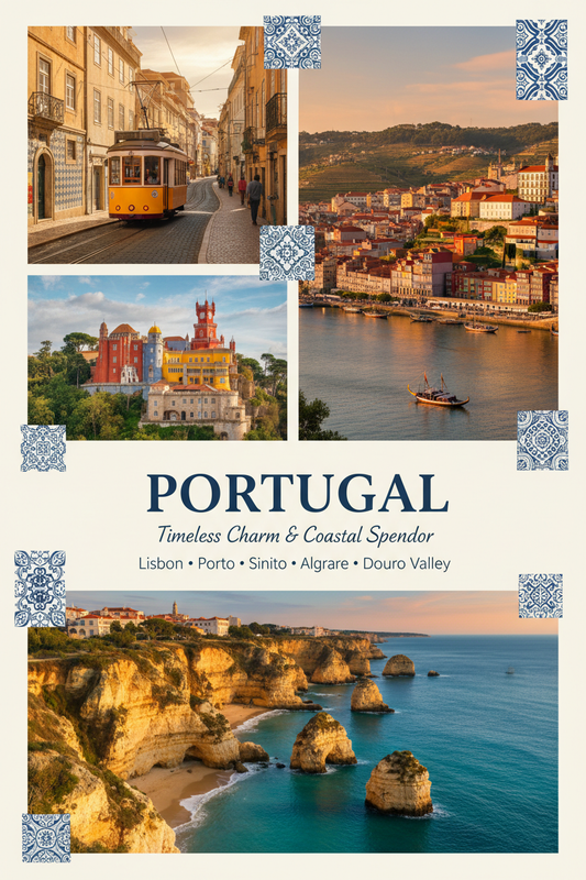 Portugal guide cover: a Lisbon tram, the Douro valley and Algarve sea cliffs